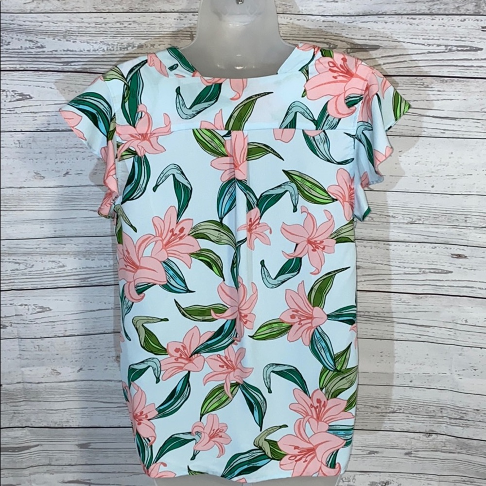 C&E Blue & Pink Lily Flower Printed Short Sleeved Blouse Shirt Top Ruffle Detail - Picture 6 of 8